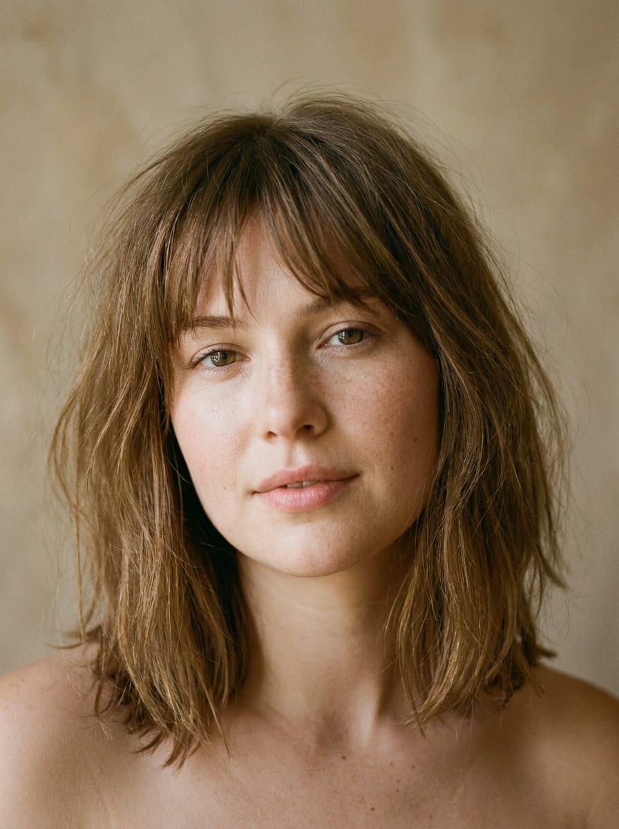 Wispy Bangs mit Long Bob - Frisur rundes Gesicht